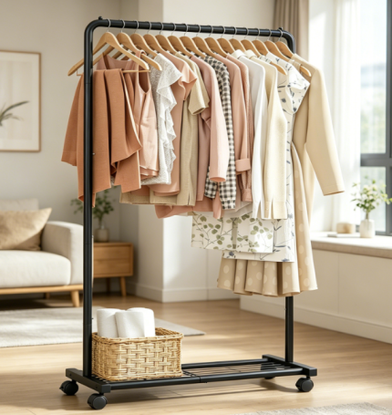 Heavy Duty Clothes Rack with Mesh Shelf and Wheels, Metal Garment Organizer for Hanging Clothes