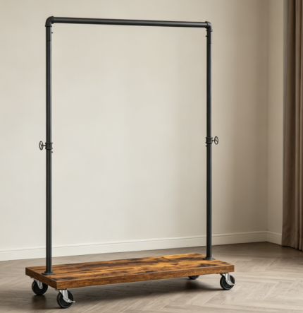 Industrial Style Clothes Rack with Shelf, Rolling Garment Organizer