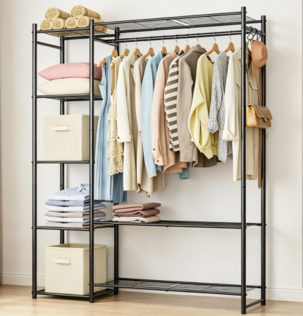 Wooden Clothes Rack with Storage Shelves, Freestanding Garment Organizer