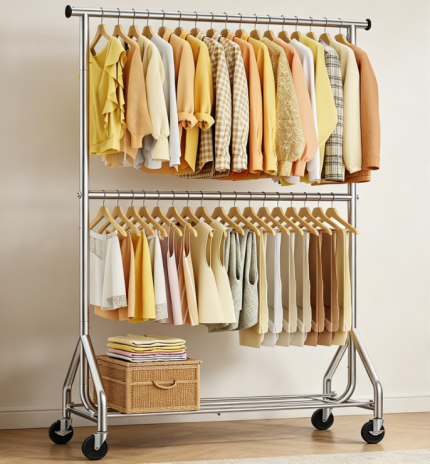 Freestanding Closet Rack with Shelves and Hooks, Metal Garment Organizer