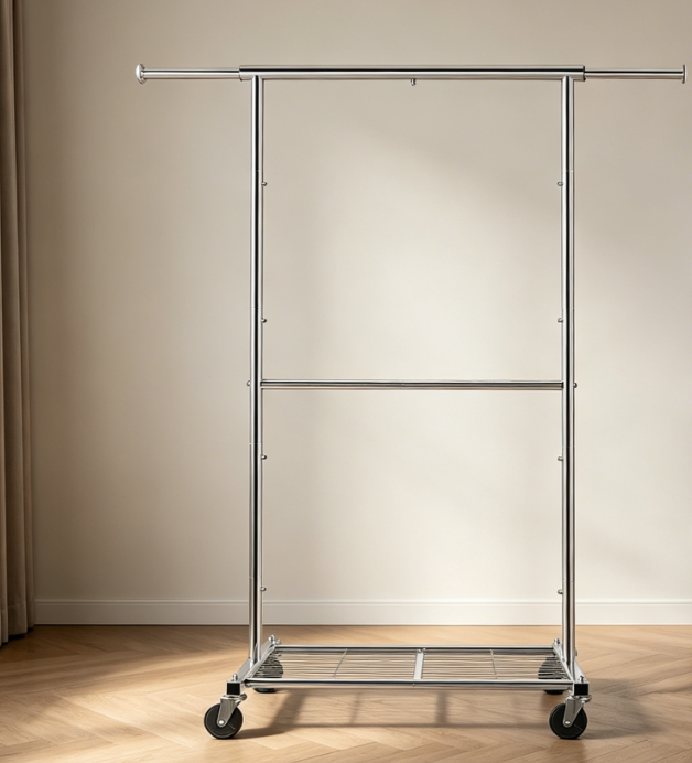 33 Multi-Tier Clothes Rack with Wheels, Industrial Style Garment Organizer - Image 1