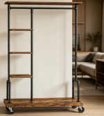 Metal and Wood Clothes Rack with Multi-Shelf Storage and Mobile Structure - Image 2