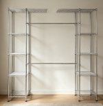 Double Rod Clothes Rack with Shelf, Rolling Garment Organizer