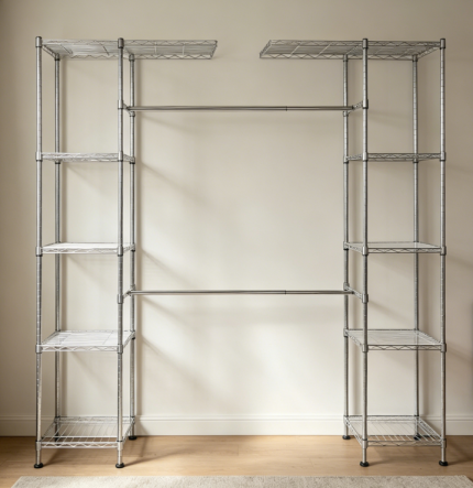 Double Rod Clothes Rack with Shelf, Rolling Garment Organizer