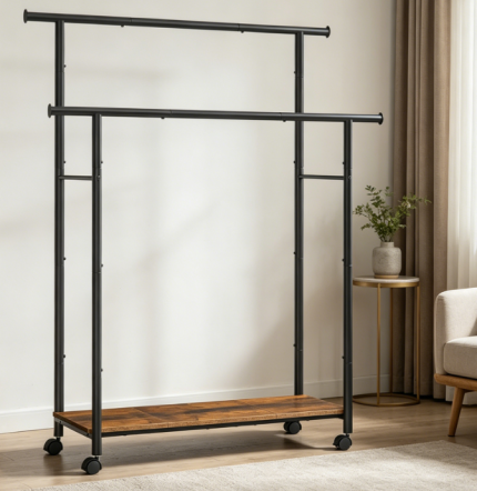 Wooden Clothes Rack with Shelves, Freestanding Storage Organizer