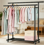 Adjustable Double Rod Clothes Rack with Extendable Hanging Structure and Wheels - Image 2