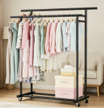 Adjustable Double Rod Clothes Rack with Extendable Hanging Structure and Wheels