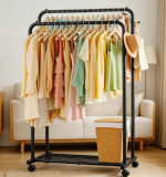 Double Rod Clothes Rack with Wheels and Shelf, Metal Garment Organizer - Image 2