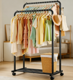 Double Rod Clothes Rack with Wheels and Shelf, Metal Garment Organizer