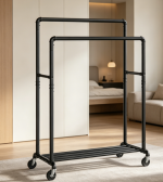 Heavy-Duty Steel Clothes Rack with Dual Rails and Bottom Shelf Storage Structure