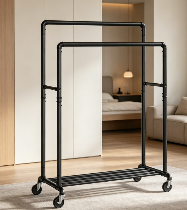 45 Heavy-Duty Steel Clothes Rack with Dual Rails and Bottom Shelf Storage Structure - Image 1