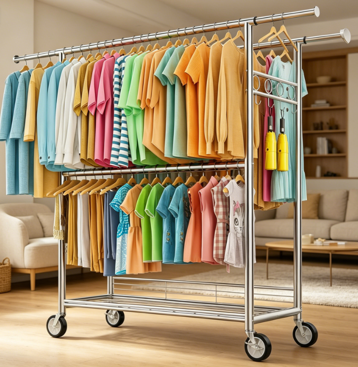 47 Double Rod Rolling Clothes Rack with Hooks, Metal Garment Organizer - Image 1