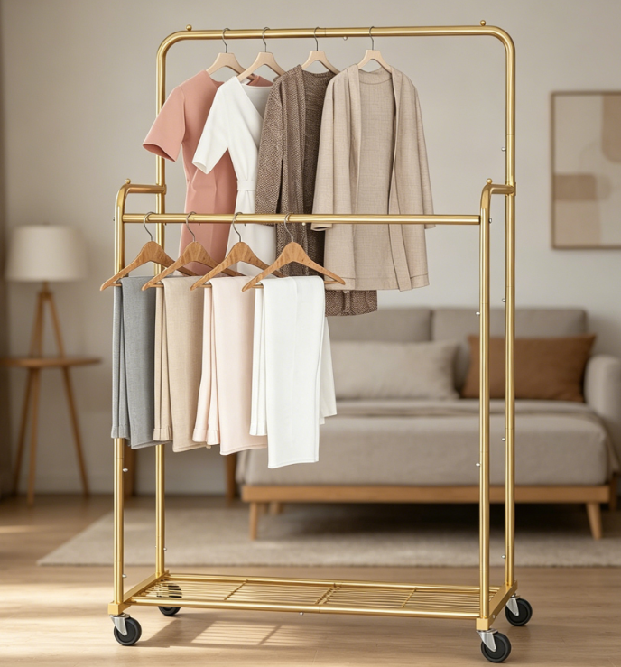 48 Rolling Clothes Rack with Shelves and Side Rods, Freestanding Organizer - Image 1