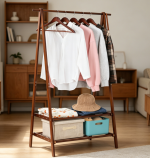 Bamboo Clothes Rack with Foldable A-Frame Structure and Storage Shelves - Image 2