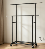 Rolling Double Rod Clothes Rack with Side Hooks and Stable Structure - Image 2