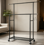 Rolling Double Rod Clothes Rack with Side Hooks and Stable Structure